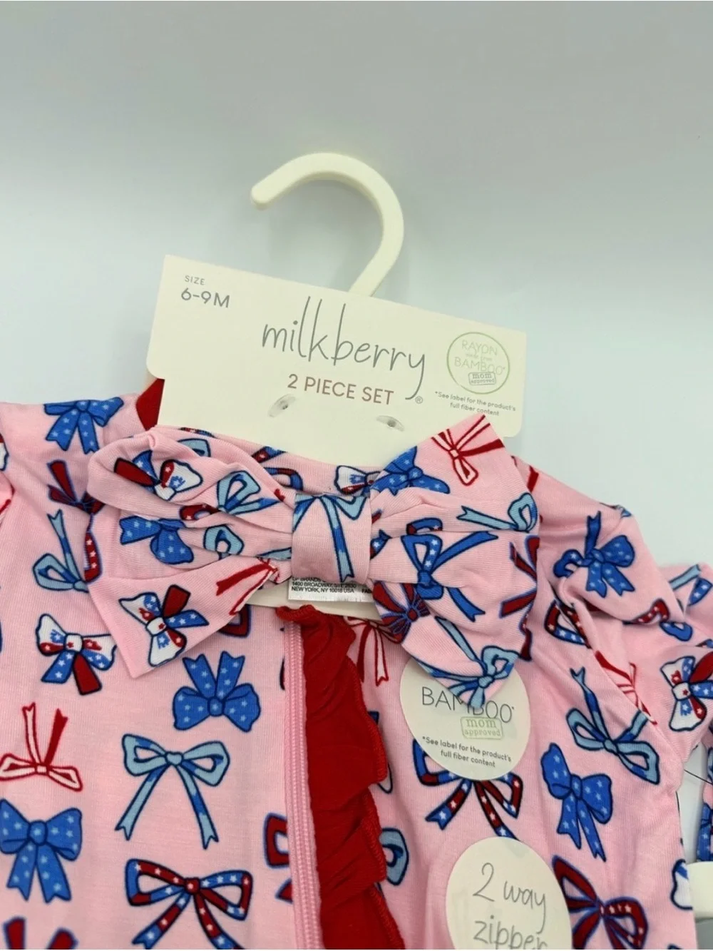 NWT Milkberry Pink American Bow Bamboo Footie One-Piece- with matching Headband
